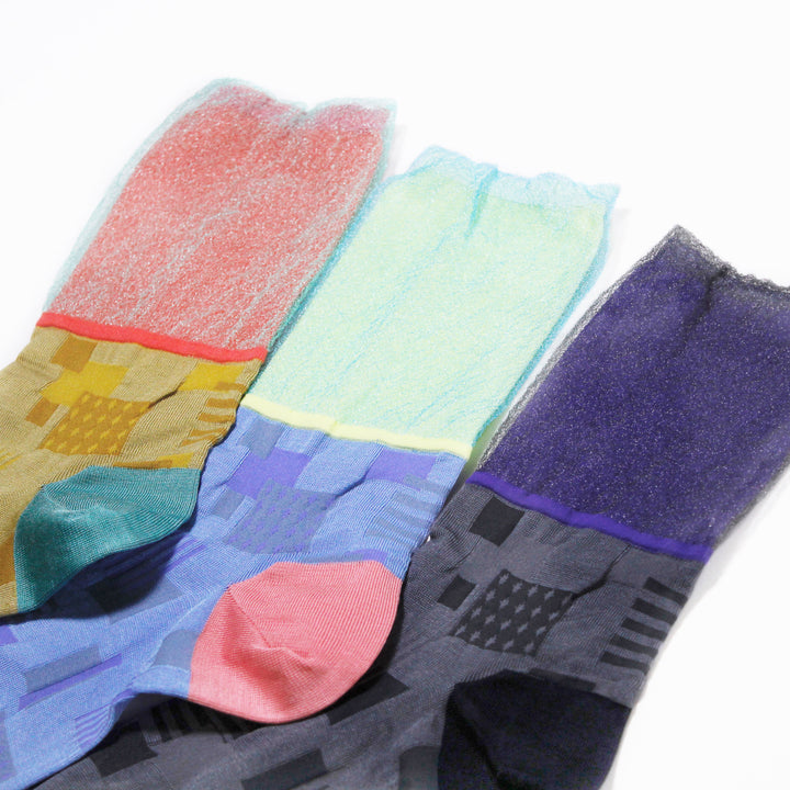 Close-up image of COQ Sunlight Block Socks in black, made in Japan, highlighting their double special layer and unique design details.
