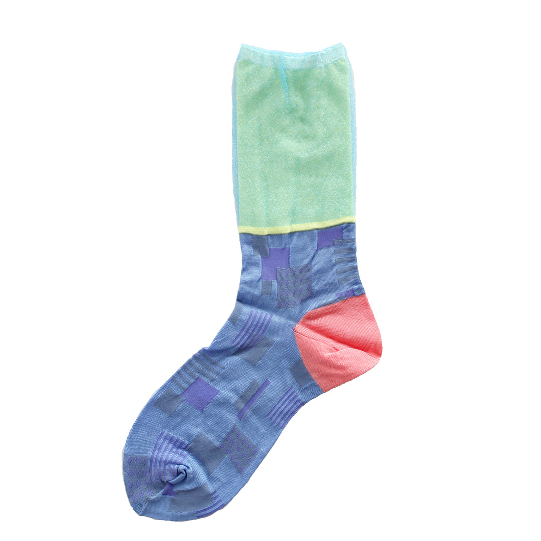 Image of a single COQ Sunlight Block Sock in blue and green, showcasing its geometric patterns and varying textures and fabrics.