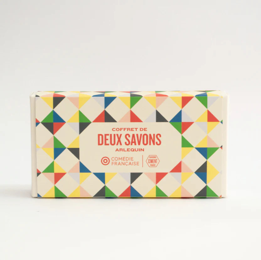 Ciment Arlequin organic soap gift box set with vibrant geometric patterns in bright colours.