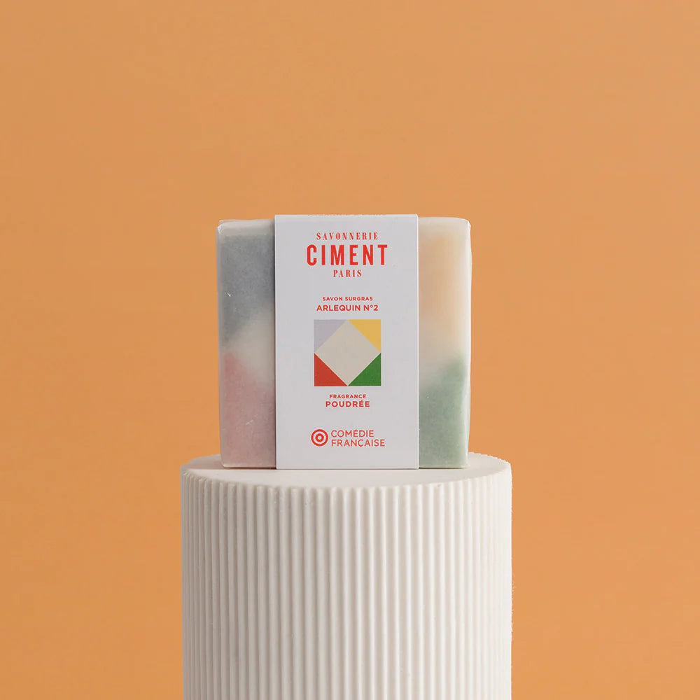 Colourful organic Ciment Arlequin soap  wrapped, with a powdery scent.