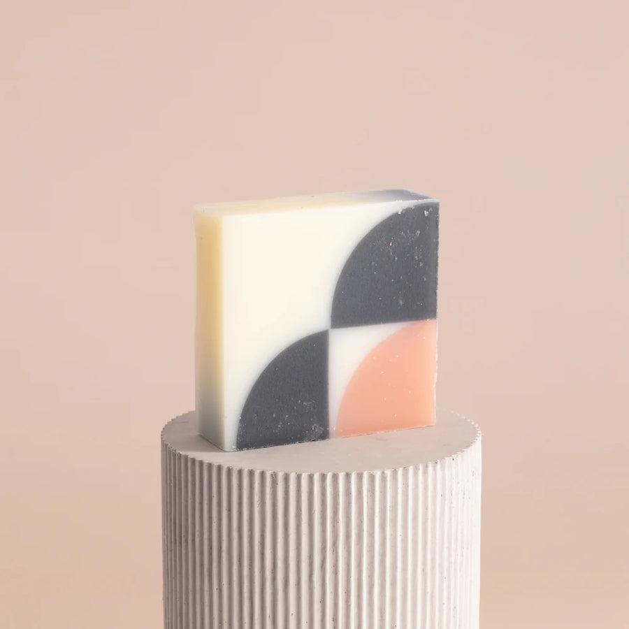 Colourful organic Ciment kimono Fleur de Cerisier soap unwrapped, with a cherry blossom scent.