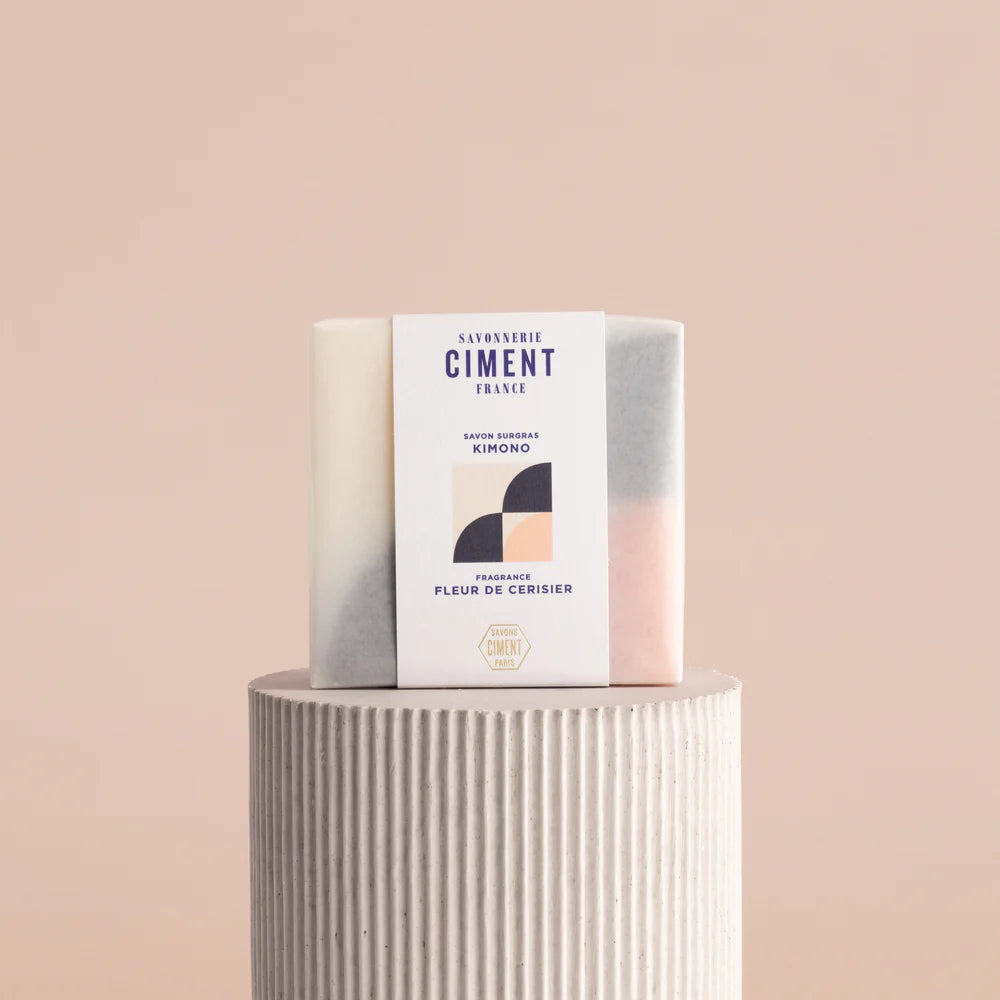 Colourful organic Ciment kimono Fleur de Cerisier soap wrapped, with a cherry blossom scent.