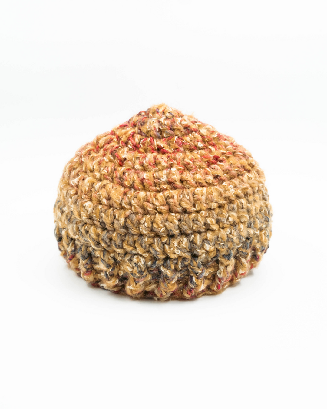 Round, textured crochet beanie on a white background
