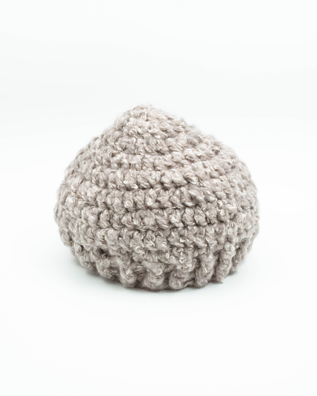 Textured gray knitted beanie on a white background