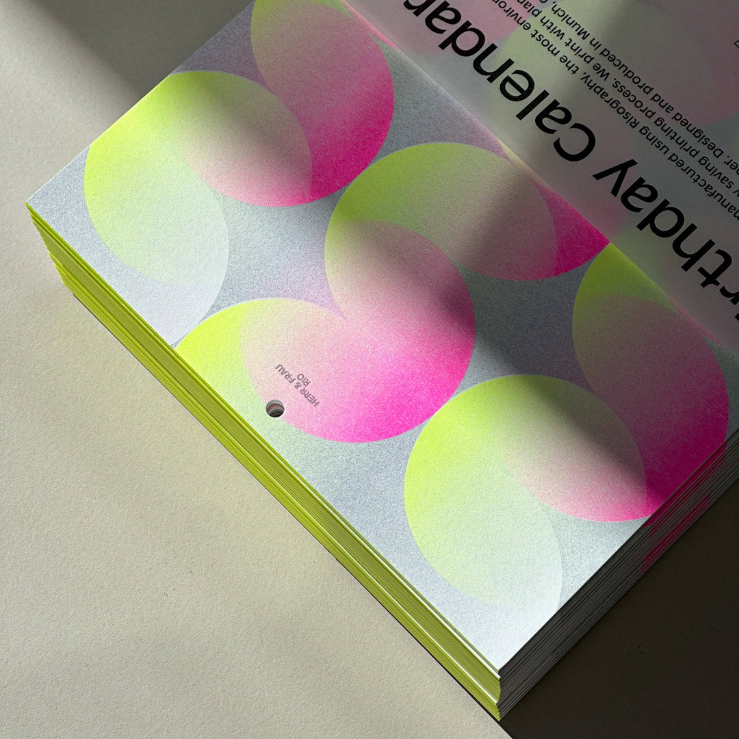 Risograph Birthday Calendar with colorful circular design on a light surface
