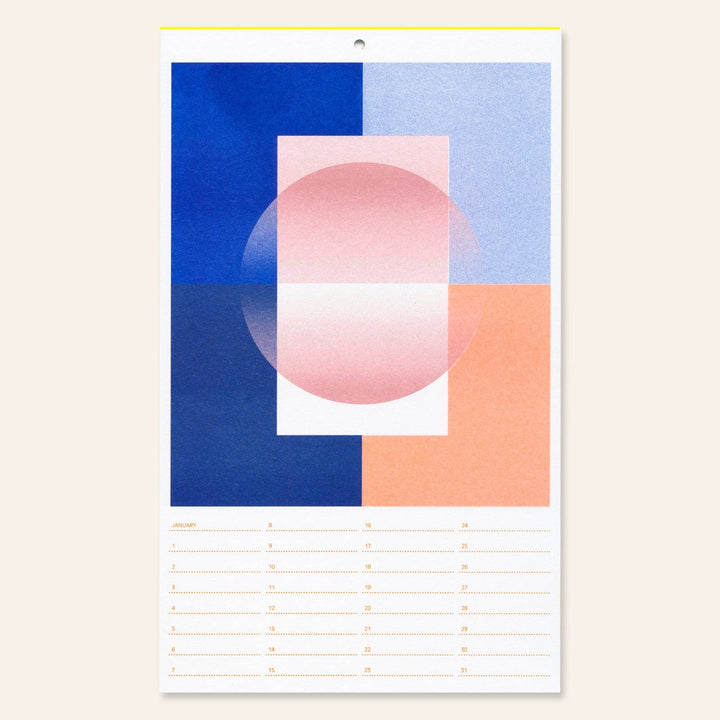 Geometric design poster in a risograph birthday calendar with blue, pink, and orange shapes on a white background