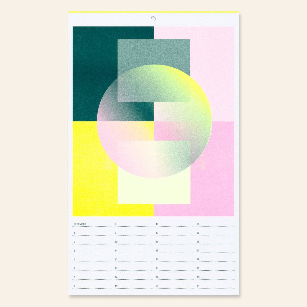 Geometric risograph design birthday calendar with colorful shapes on a white background