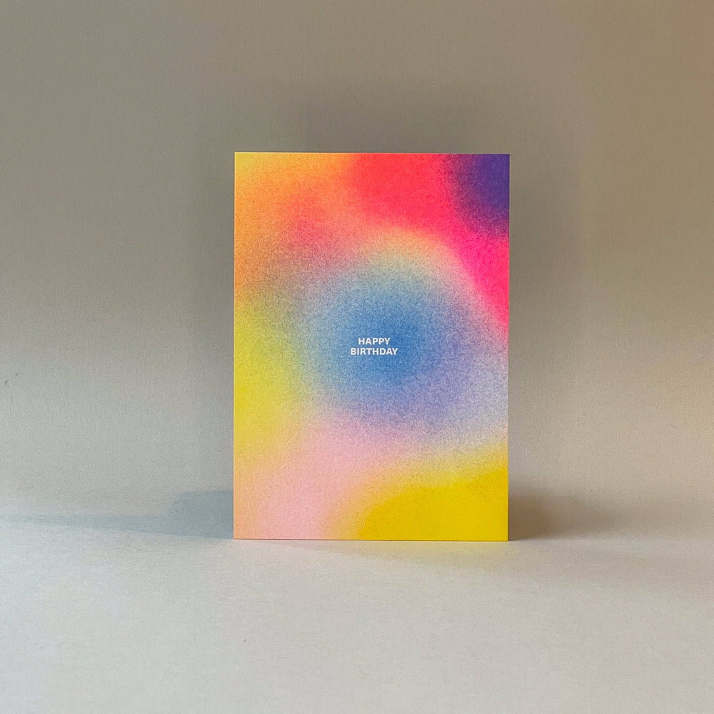 Colorful risograph birthday card with 'Happy Birthday' text on a gradient background