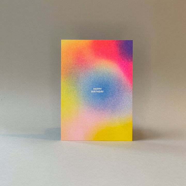 Colorful risograph birthday card with 'Happy Birthday' text on a gradient background