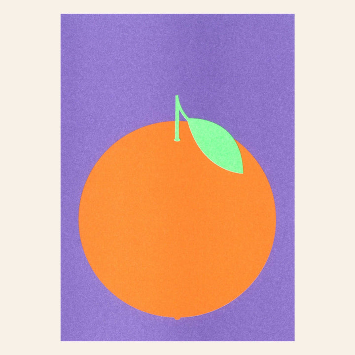 Illustration of an orange with a green leaf on a purple background