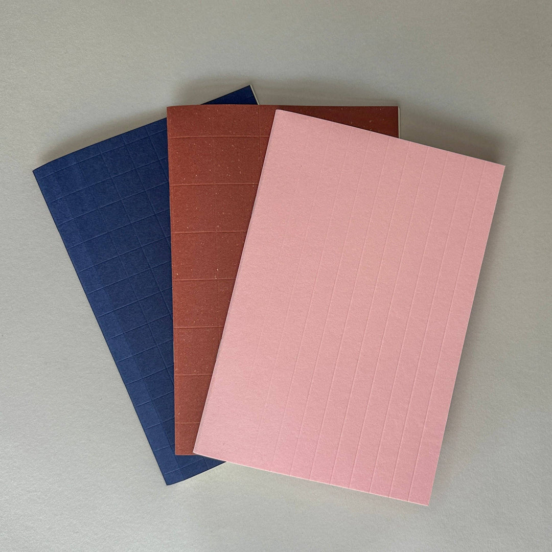 Three notebooks with grid patterns in blue, red, and pink on a light gray background