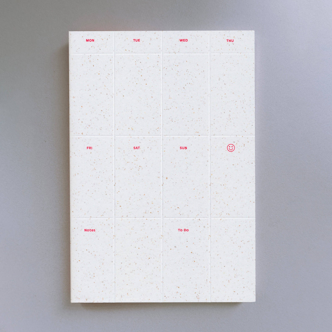 Weekly planner with red text on a gray background