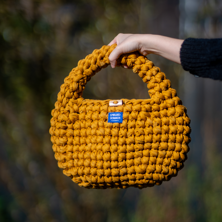 Yellow woven handbag held by a person against a blurred natural background