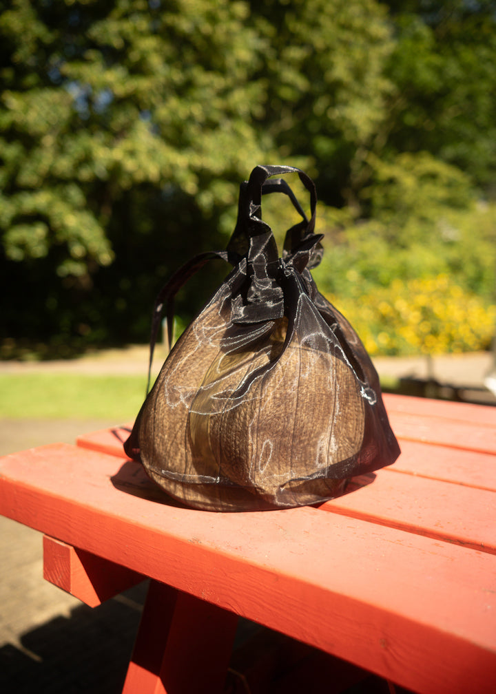 A black Japan Mate Mono see-through bag placed on a table in a park, with a stylish hat visible inside the transparent bag.