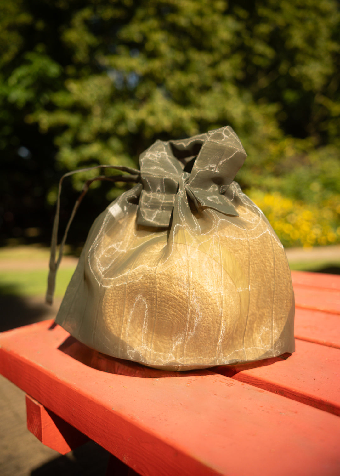 A khaki Japan Mate Mono see-through bag placed on a table in a park, with a stylish hat visible inside the transparent bag.