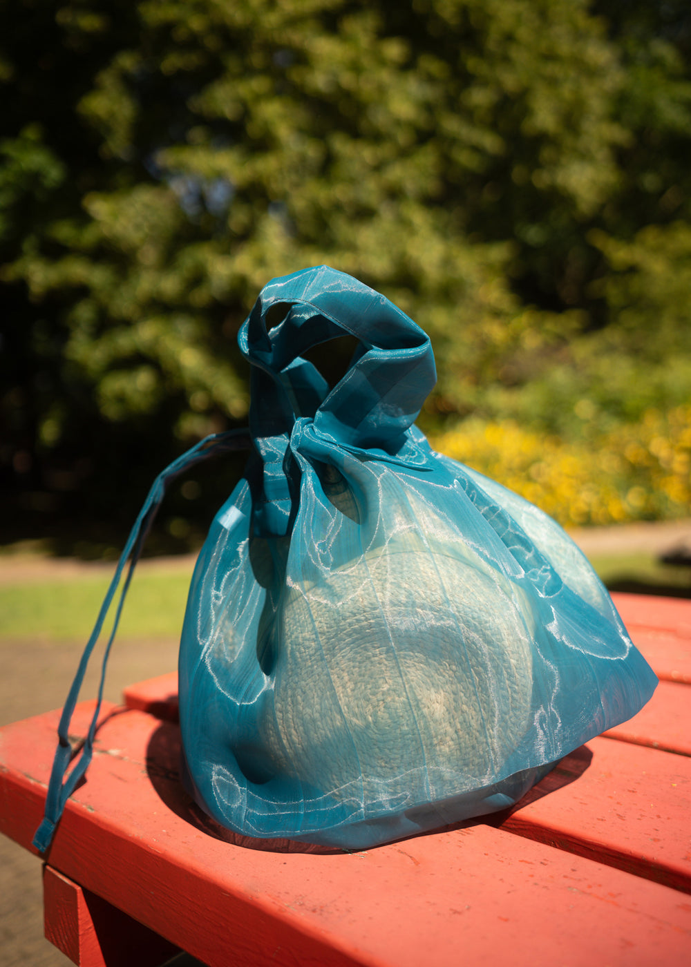 A teal Japan Mate Mono see-through bag placed on a table in a park, with a stylish hat visible inside the transparent bag.