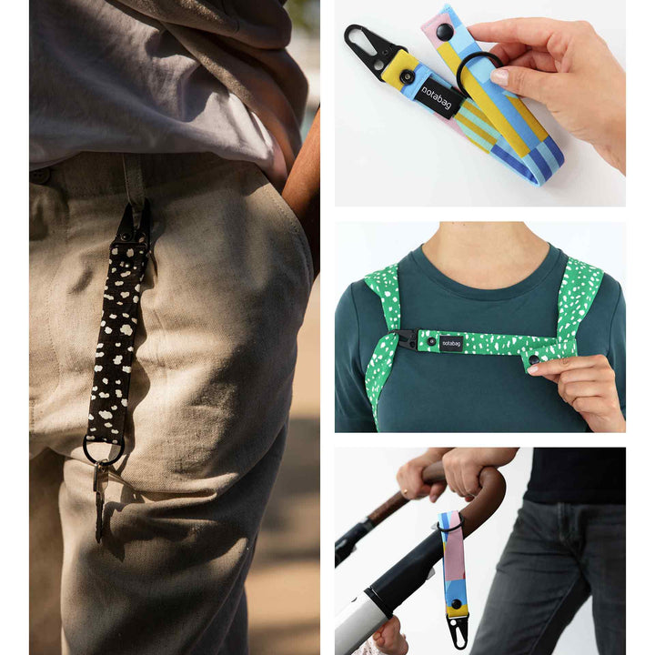 Collage of a colorful strap attached to various items including pants, a backpack, and a golf club.