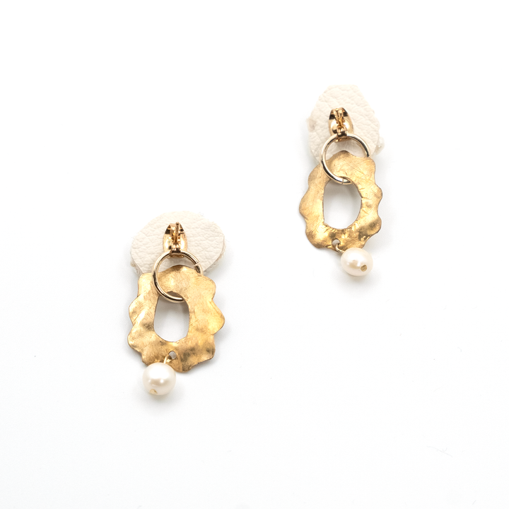 Pair of gold and pearl earrings on a white background