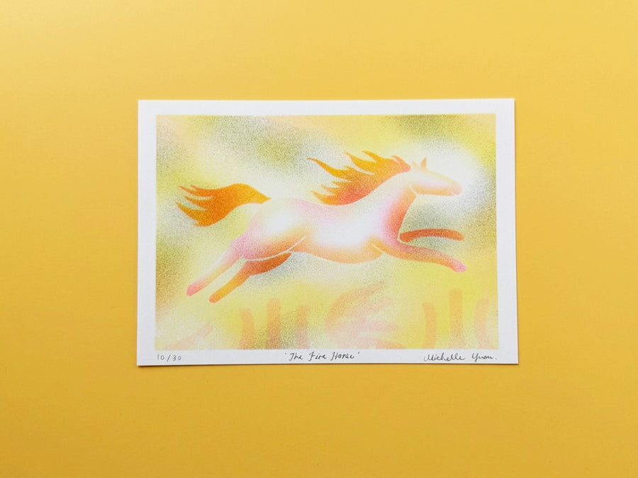 Risograph print of a colourful horse galloping on a yellow background