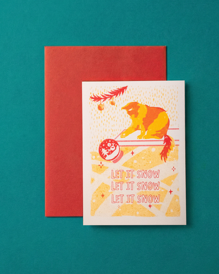 Let It Snow Cat Risograph Christmas Card ✦ Folded Greetings Card