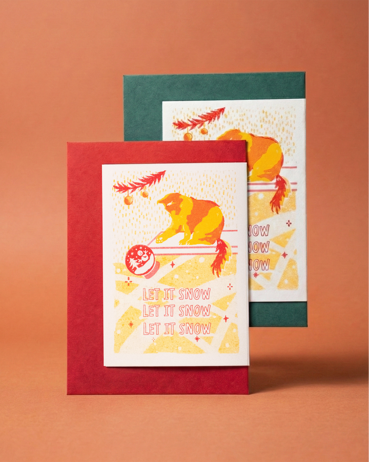 Let It Snow Cat Risograph Christmas Card ✦ Folded Greetings Card